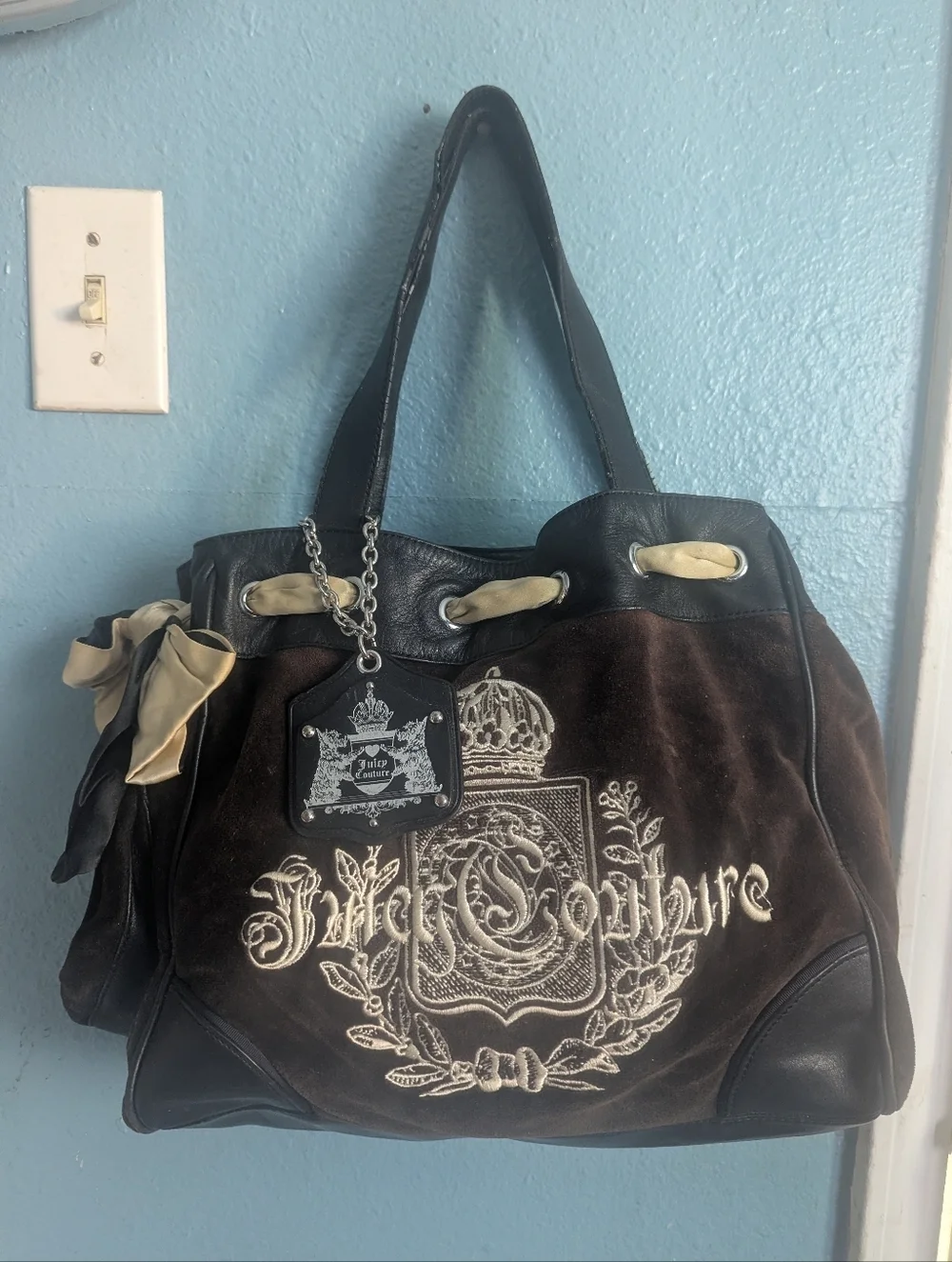 Juicy Couture Brown & Black Suede Embroidered Tote with Cream Accents
